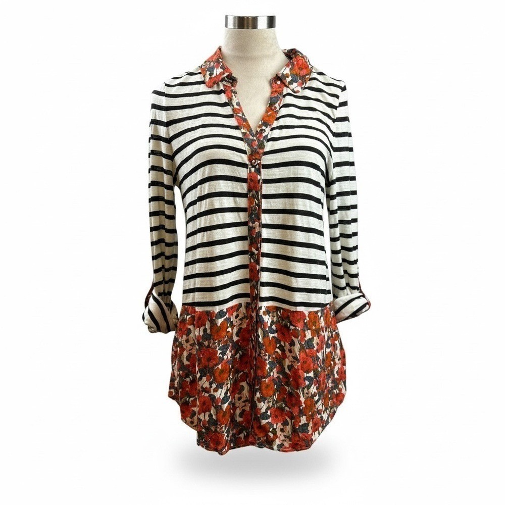 Anthropologie Women's Black and White Striped Floral‎ Button Down with Poppy Med